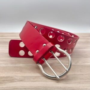 Red Leather Double Eyelet Retro Belt Gothic Punk 70s Funk | Size L/XL